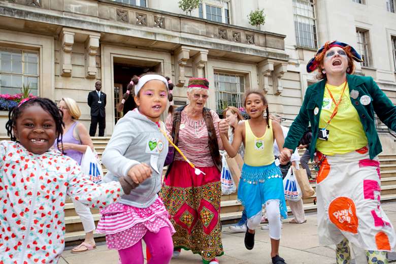 Children converge outside Hackney Town Hall to highlight the importance of play provision by celebrating national Playday, 25 years after the annual event began in the London borough. Image: Alex Deverill