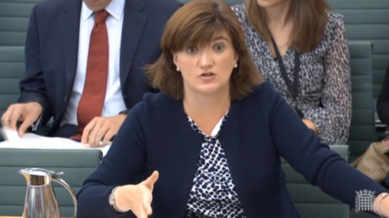 Education Secretary Nicky Morgan speaks to the education select committee about the collapse of the British Association for Adoption and Fostering (BAAF). Picture: Parliament TV
