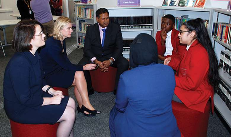 Education secretary Justine Greening discusses issues with Swanlea school pupils. Picture: Zara Islam