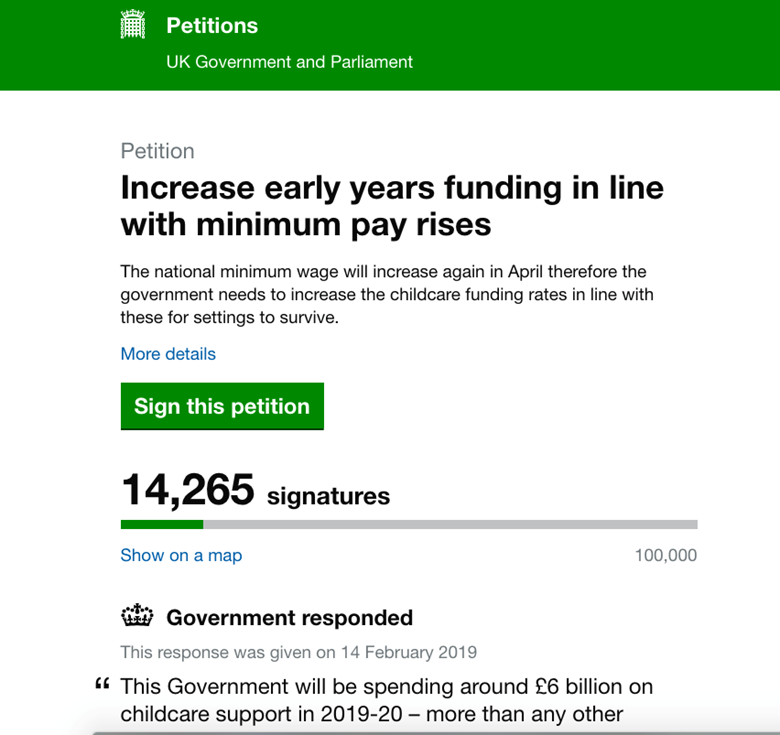 The government has responded to an online petition calling for a boost to early years funding