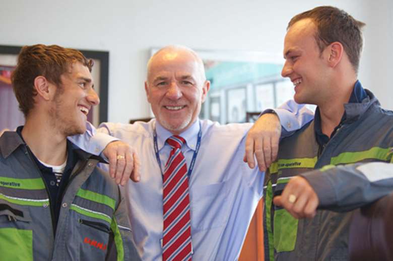 Group chief executive Peter Marks (centre) with apprentices Luke Watson (left) and Tim Cleaver 
