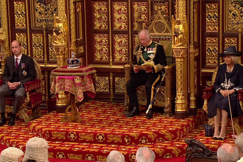 The Prince of Wales delivers the Queen's Speech alongside the Duke of Cambridge and the Duchess of Cornwall. Picture: Parliament TV