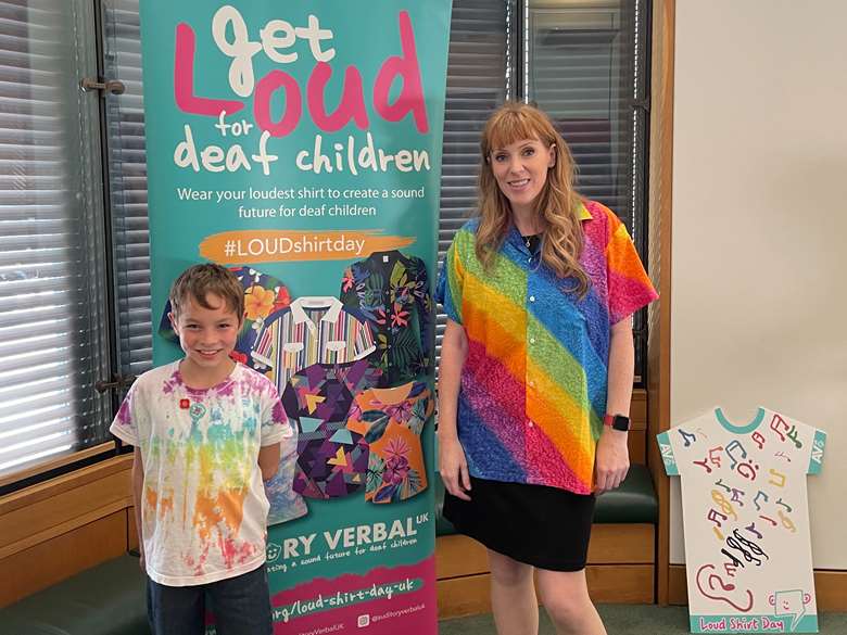 Orson Grimer speaks to Angela Rayner about support for deaf children. Picture: Auditory Verbal UK