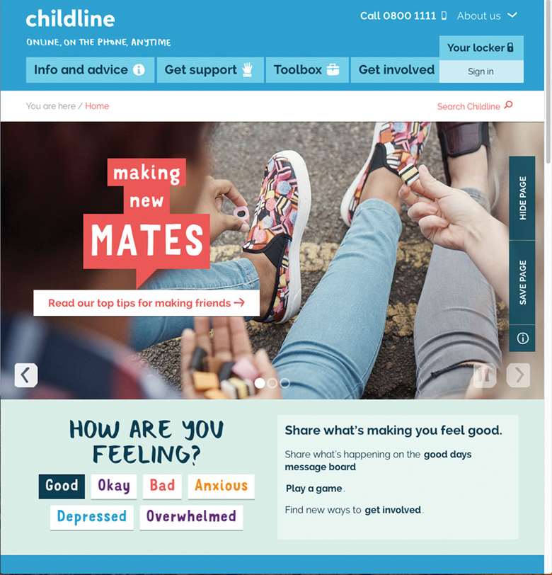 Users are asked for suggestions to improve Childline’s web pages across the site