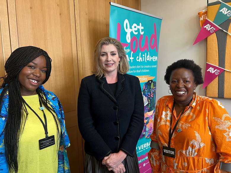 Noli Tebe, 19, and her mum Angela meet Penny Mordaunt. Picture: AVUK