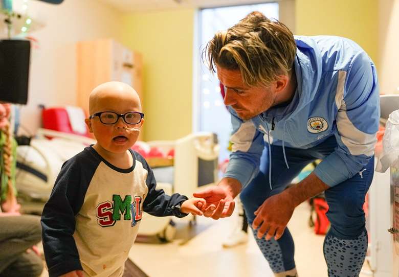 Manchester City star Jack Grealish meets patients at the Royal Manchester Children’s Hospital as part of the club's Christmas campaign. Picture: Manchester City