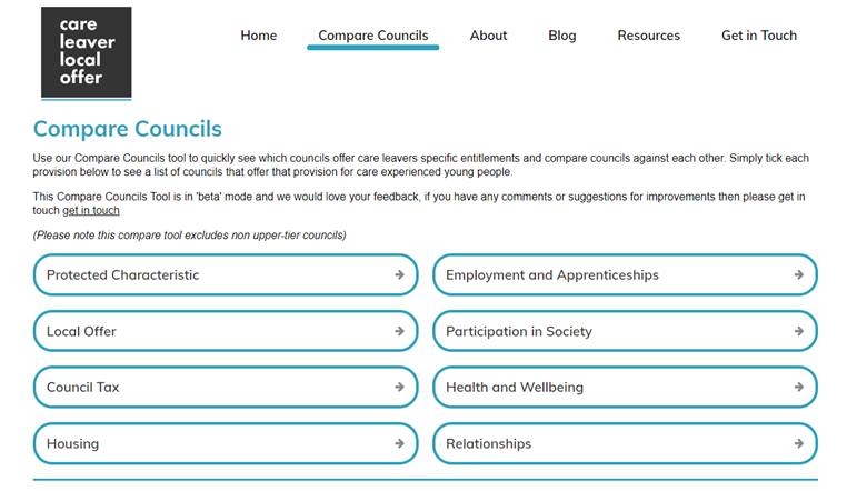 The website offers a comparison tool for council offers. Picture: Care Leaver Offer