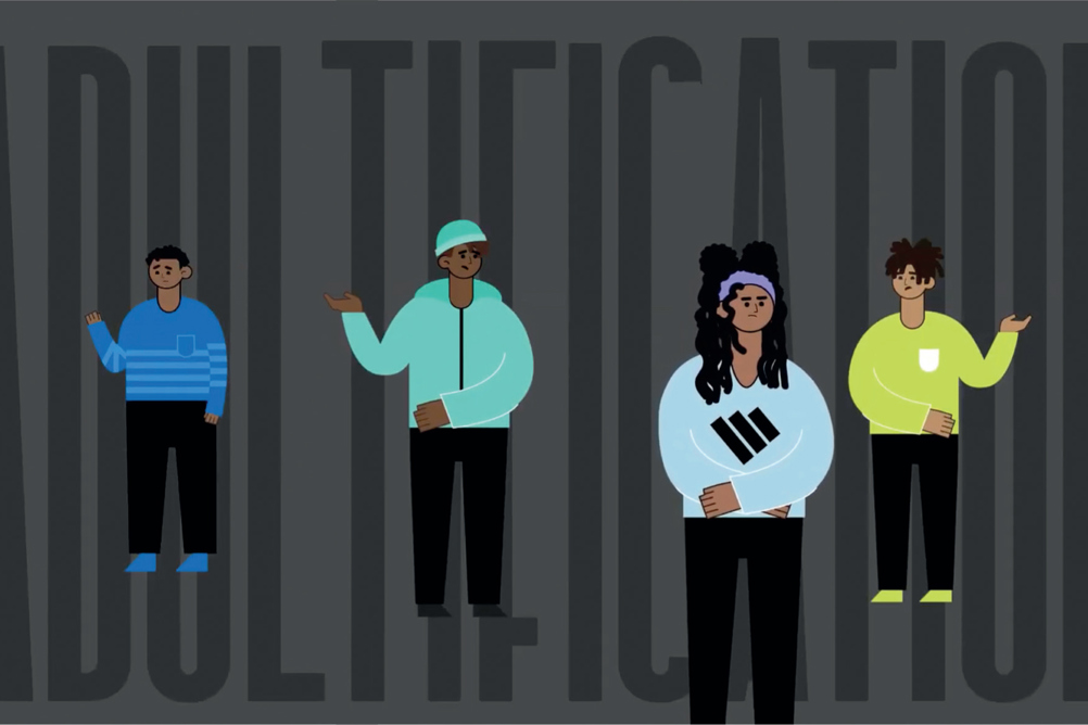 YJB animation says that race, ethnicity, gender, neurodiversity, class and sexuality can be intersectional characteristics of adultification