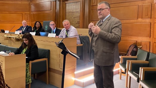 Mark Riddell addressed councillors at Waltham Forest about the campaign to make care experience a protected characteristic. Picture: Alistair Strathern/Twitter