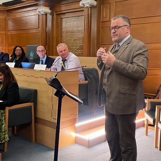 Mark Riddell addressed councillors at Waltham Forest about the campaign to make care experience a protected characteristic. Picture: Alistair Strathern/Twitter