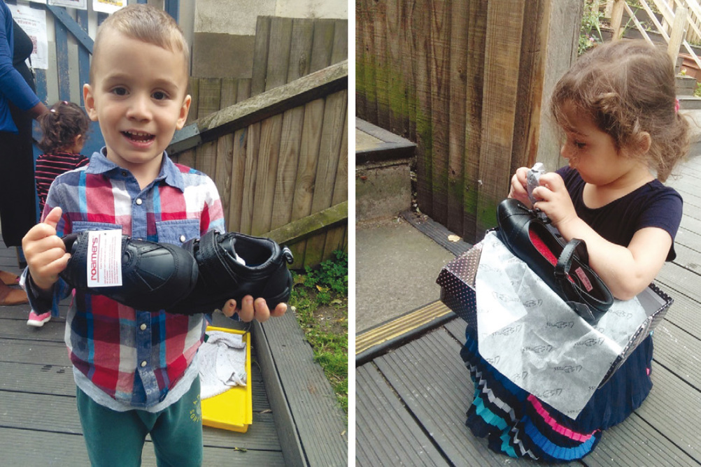 Children at Angel Pre-school were delighted with Sal’s Shoes’ donation of footwear